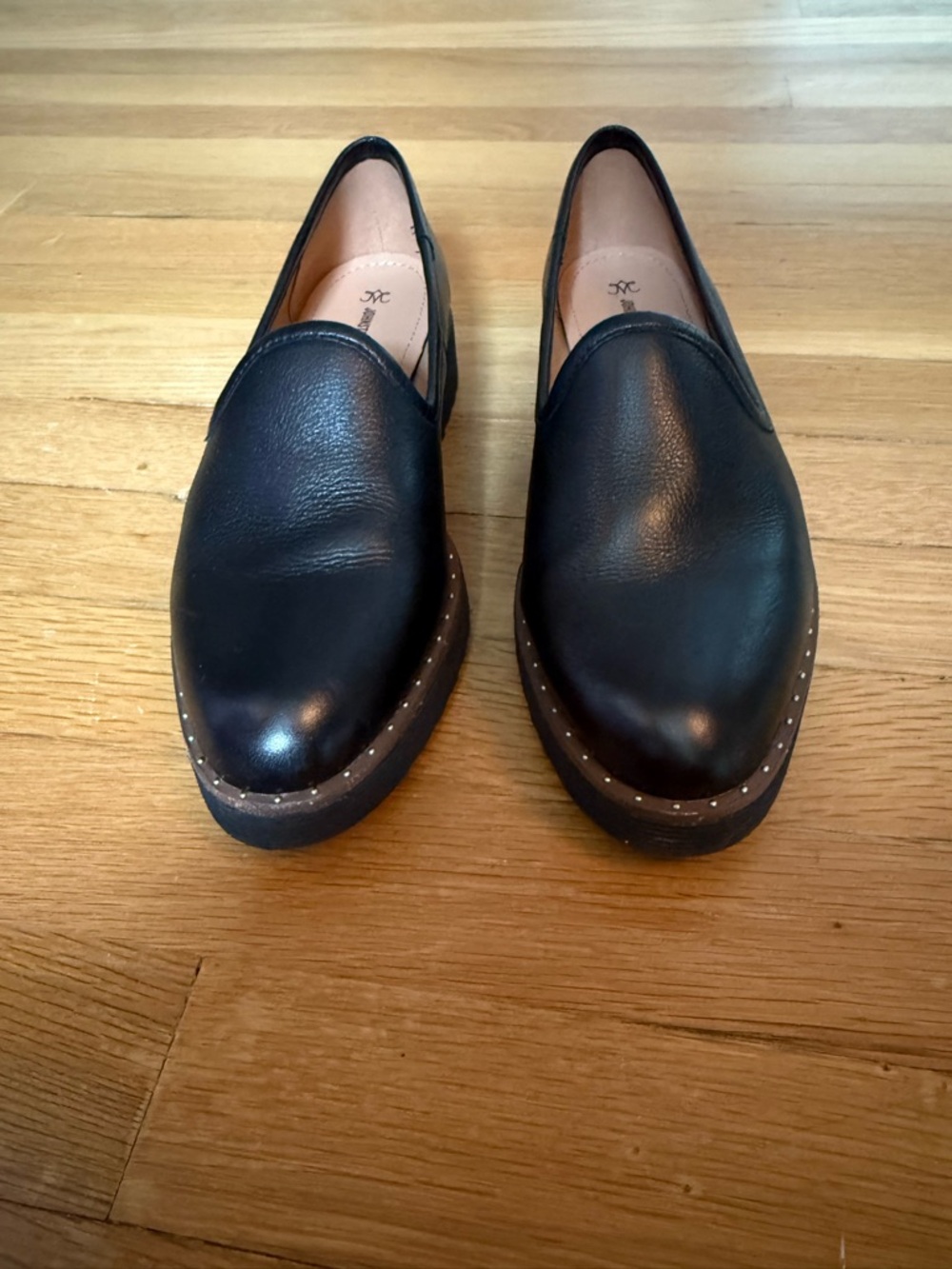 Johnston & Murphy Black Leather Slip-On Loafers with Stud Accents